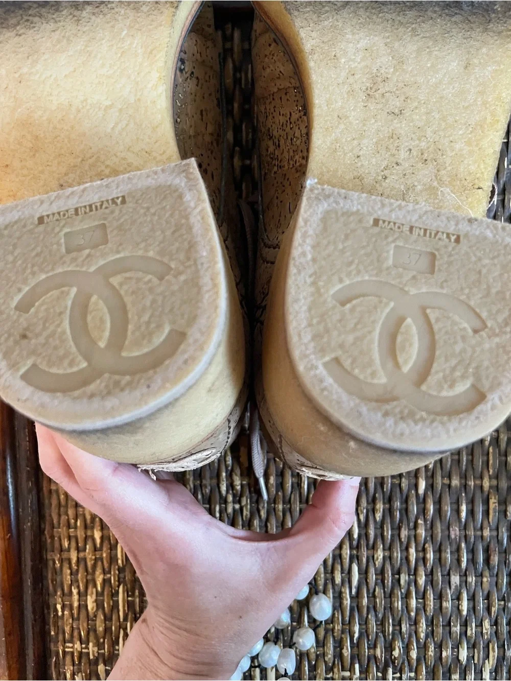 CHANEL Tan Cork Lace-Up Ankle Boots